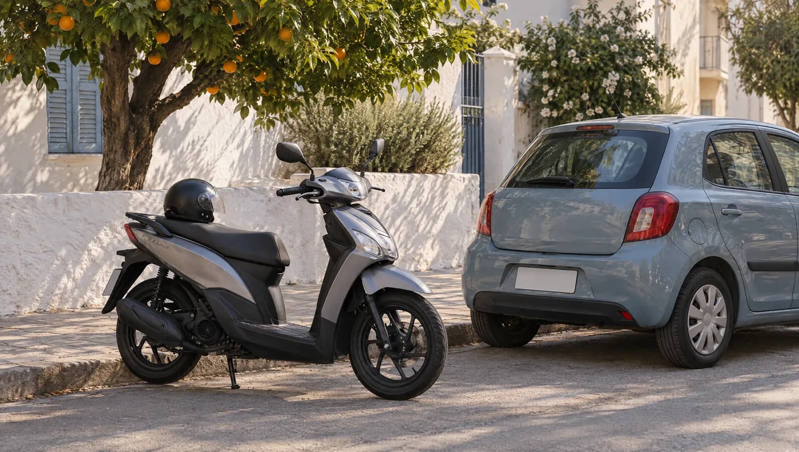 Σκούτερ 125 κυβικών με κράνος στη σέλα σταθμευμένο δίπλα σε μικρό γαλάζιο αυτοκίνητο, μπροστά από ασβεστωμένο τοίχο και πορτοκαλιά